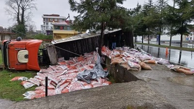 Besi yemi yüklü tır devrildi: 1 yaralı